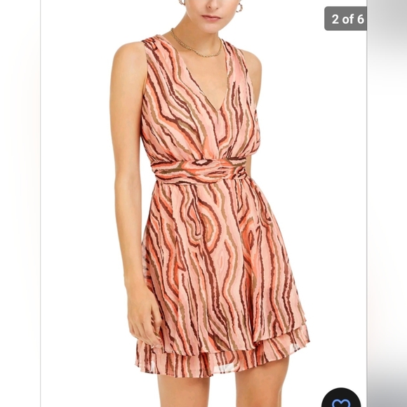 Macy's Bar III Women's Ruched Waist, Tiered Hem, Mini Dress, Woodcut Print - Picture 5 of 8